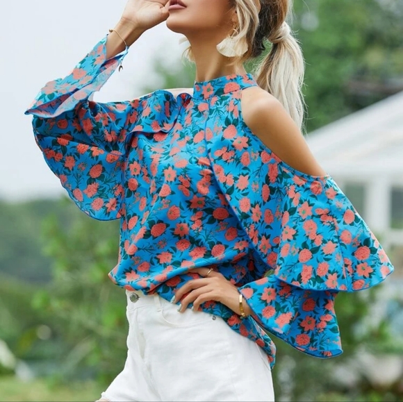 Floral Print Ruffle Cold Shoulder Blouse Green Size L - Picture 12 of 14